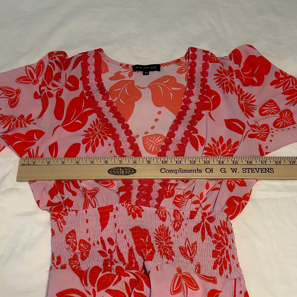Gibson Look Floral Print Mini Dress Smocked Waist V Neck XS‎ - Picture 9 of 10